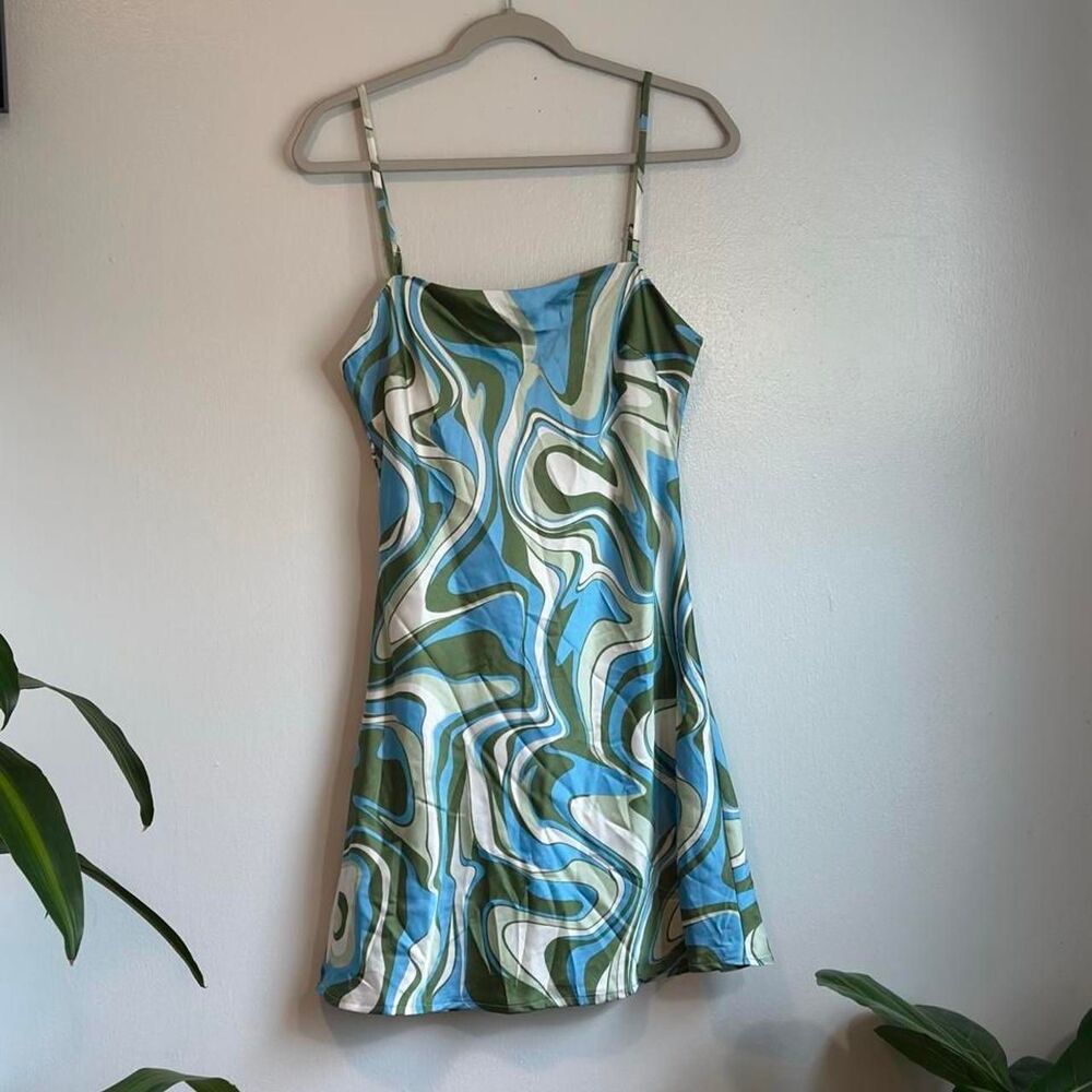 Dress Forum Mini Dress Women's Size M Blue Olive Swirl Print Satin Party Dress